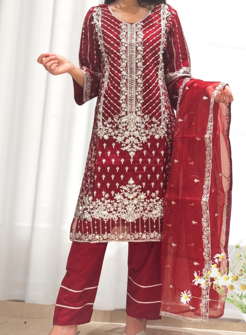 Winchell's Embroidered Fancy Organza Shirt & Dupatta with Silk Trousers, Embellished with Pearls & Crystals | Red | Medium - Image 2