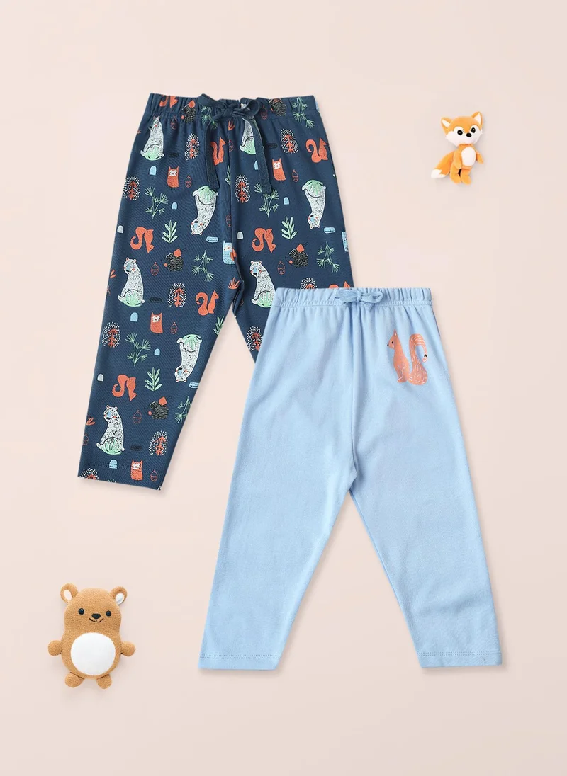 Nautinati Nautinati Cotton Solid and Forest AOP Pack of 2 Pants Set for Baby Girls