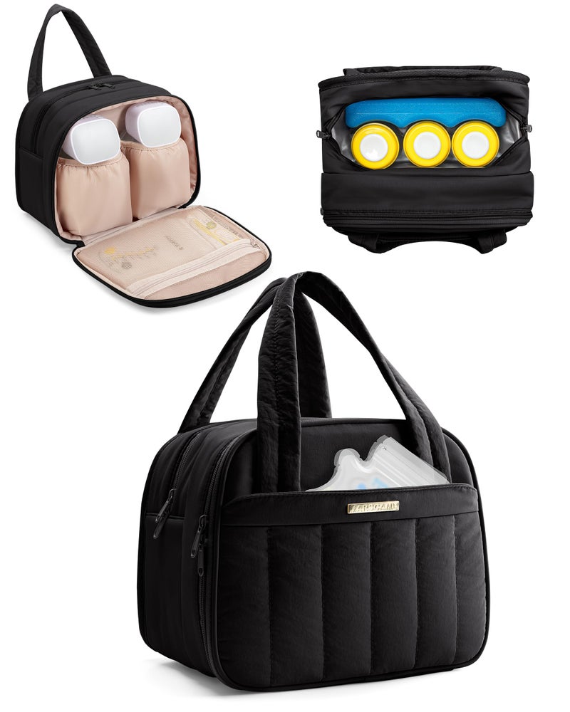 Marscamd Quilted Wearable Breast Pump Bag with Cooler Compartment, Wearable Pump Case Compatible with Momcozy and Most Brand Hands-Free Breast Pumps, Black - Image 1