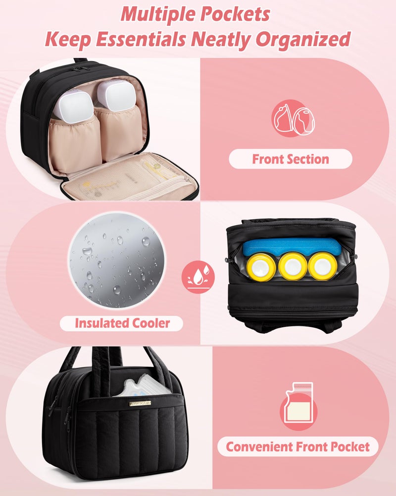 Marscamd Quilted Wearable Breast Pump Bag with Cooler Compartment, Wearable Pump Case Compatible with Momcozy and Most Brand Hands-Free Breast Pumps, Black - Image 3