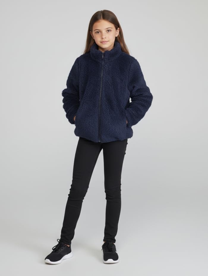 Alan Jones Clothing Girls Furry Fleece Full-Zip Jacket | Soft Fluffy Winter Wear | Cozy Warm Outerwear with Chin Guard & Easy Pull Zipper (Navy_4-5 Years) - Image 5