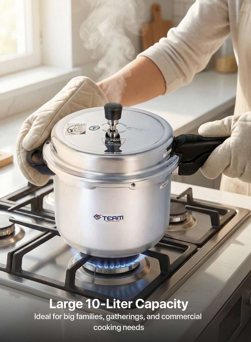 تيم TEAM Pressure Cooker 10 Liter – Heavy‑Duty Aluminium Cooker with Bakelite Handle, Anti‑Spill Lid, Whistle Valve, Fast Cooking – Gas & Electric Stove Compatible - Image 2