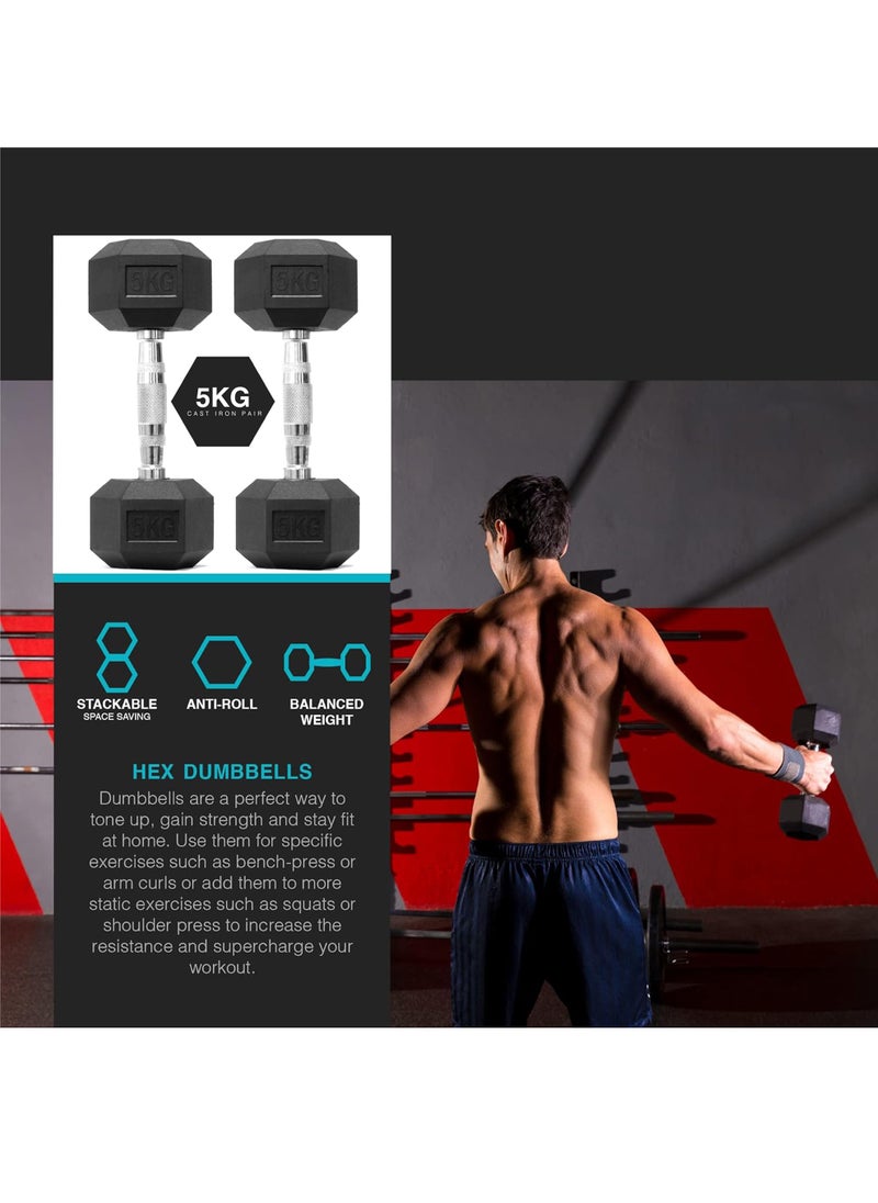 Uwals - Hex Dumbbells Weights Pair for Home Exercise | 5kgSet of 2 Hexagonal Weight Rubber Encased for Home Fitness Gym Workouts Training Muscle Building & Conditioning | Unisex | Strength - Image 1