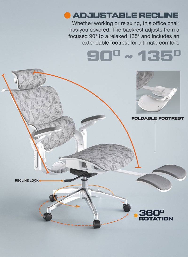 DROGO Ergonomic Office Chair for Work from Home, Computer Chair for Study with Breathable Mesh, Adjustable Seat, 5 level Adjustable Backrest, 6D Armrest, 4D Headrest & Lumbar Support | Gaming Chair with Footrest & Recline White - Image 3