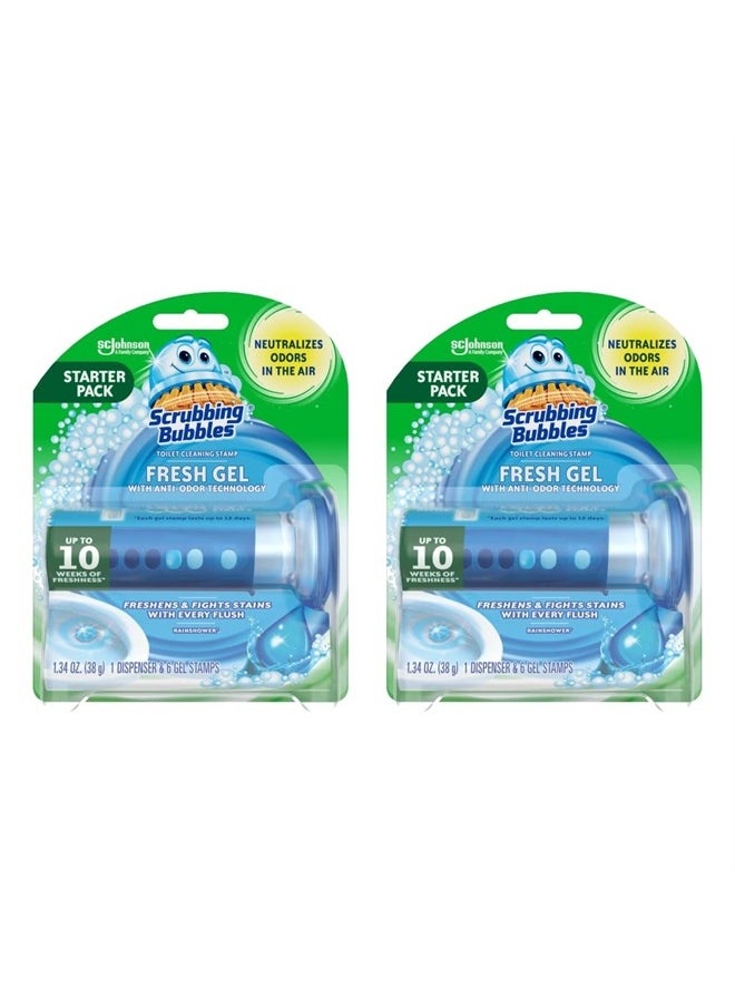 Scrubbing Bubbles - Toilet Gel Stamps, Fresh Gel Toilet Cleaning Stamps, Helps Keep Toilet Clean and Helps Prevent Limescale & Toilet Rings, Rainshower Scent, 1 Dispenser + 6 Stamps, 2 Pack - Image 1