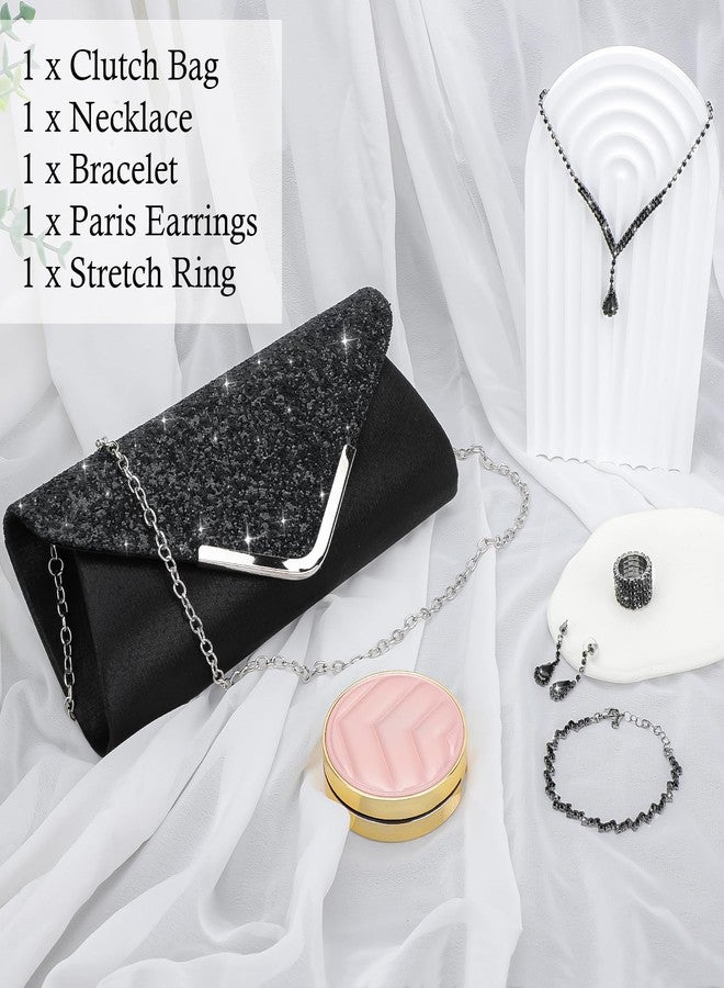 Soleebee 5 Pcs Purse Rhinestones Jewelry Set for Women Rhinestones Necklace Bracelet Earrings Bling Clutch Purse Bride Prom Evening Jewelry Set (Black) - Image 4