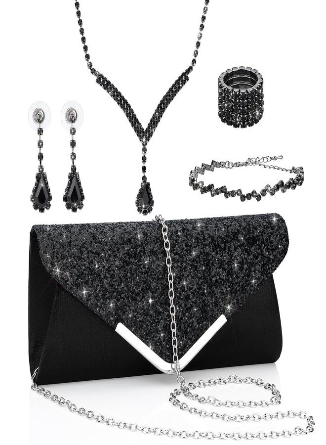 Soleebee 5 Pcs Purse Rhinestones Jewelry Set for Women Rhinestones Necklace Bracelet Earrings Bling Clutch Purse Bride Prom Evening Jewelry Set (Black) - Image 1