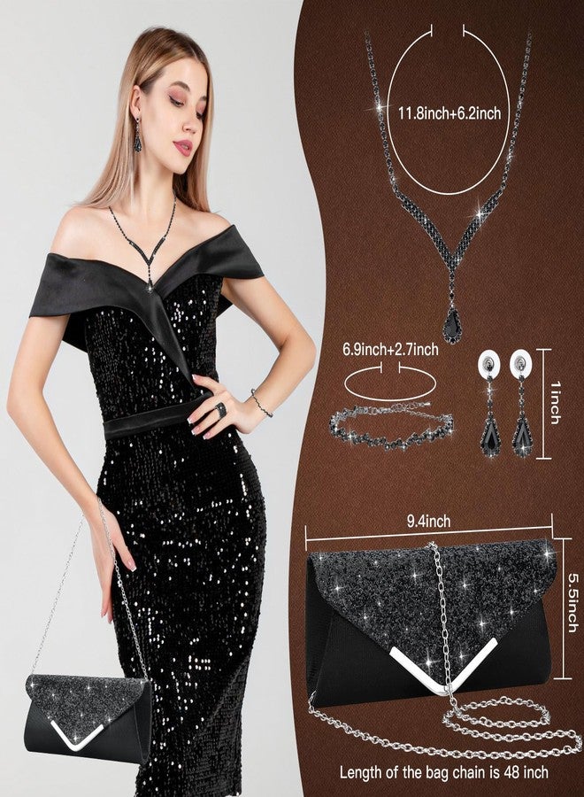 Soleebee 5 Pcs Purse Rhinestones Jewelry Set for Women Rhinestones Necklace Bracelet Earrings Bling Clutch Purse Bride Prom Evening Jewelry Set (Black) - Image 2