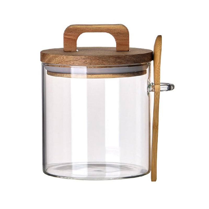 Coriario 24 OZ Glass Jar with Wooden Lid and Spoon Airtight Glass Candy Jars Wide Mouth Clear Glass Coffee Storage Canister Handle Lids for Food Sugar Cookie Tea Decorative - Image 1