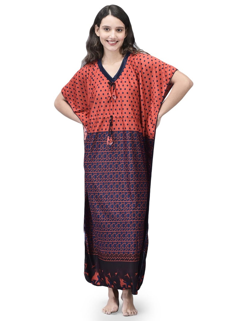 Noty Store Noty ® Women's- Kaftan Nighty | Maxi | Gown- Sarena Fabric- Polka Dot Print | V Neck (Red, Free Size) - Image 1