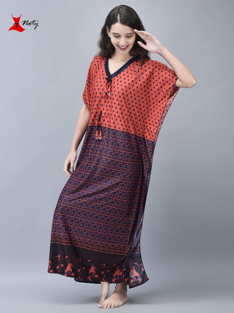 Noty Store Noty ® Women's- Kaftan Nighty | Maxi | Gown- Sarena Fabric- Polka Dot Print | V Neck (Red, Free Size) - Image 5