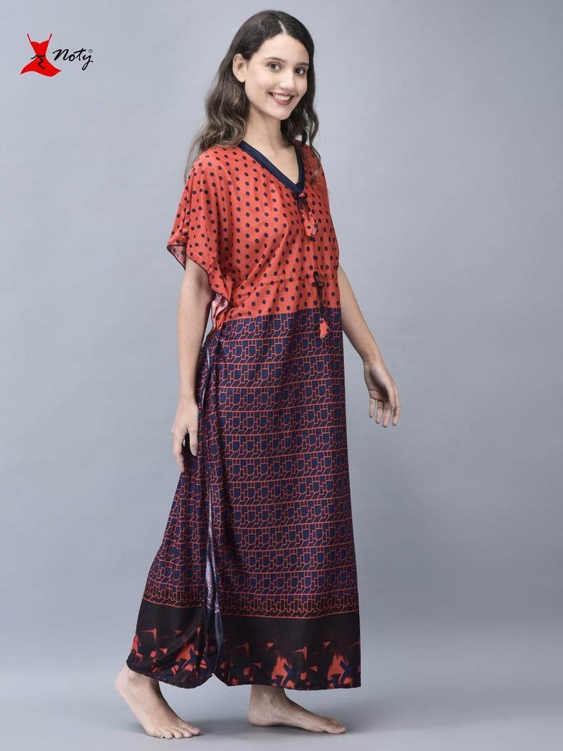 Noty Store Noty ® Women's- Kaftan Nighty | Maxi | Gown- Sarena Fabric- Polka Dot Print | V Neck (Red, Free Size) - Image 3