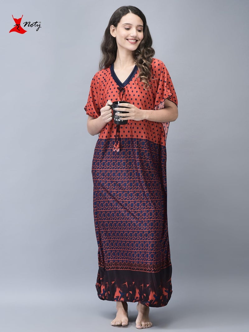Noty Store Noty ® Women's- Kaftan Nighty | Maxi | Gown- Sarena Fabric- Polka Dot Print | V Neck (Red, Free Size) - Image 2
