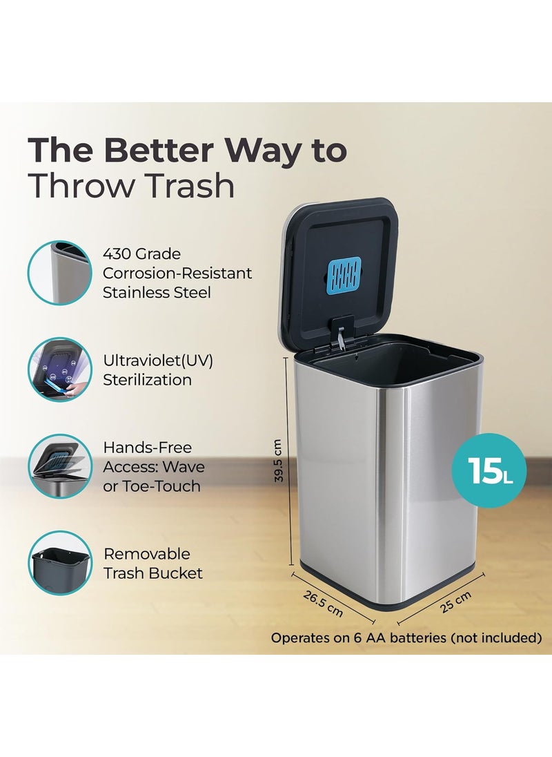 The Better Home The Better Home 15L Dustbin For Kitchen 1 Yr Warranty Dustbin For Bathroom 40cm Automatic Smart Sensor Dustbin For Bedroom Steel Dustbin With Lid Dustbin For Office Garbage Bin Silver  - Image 3