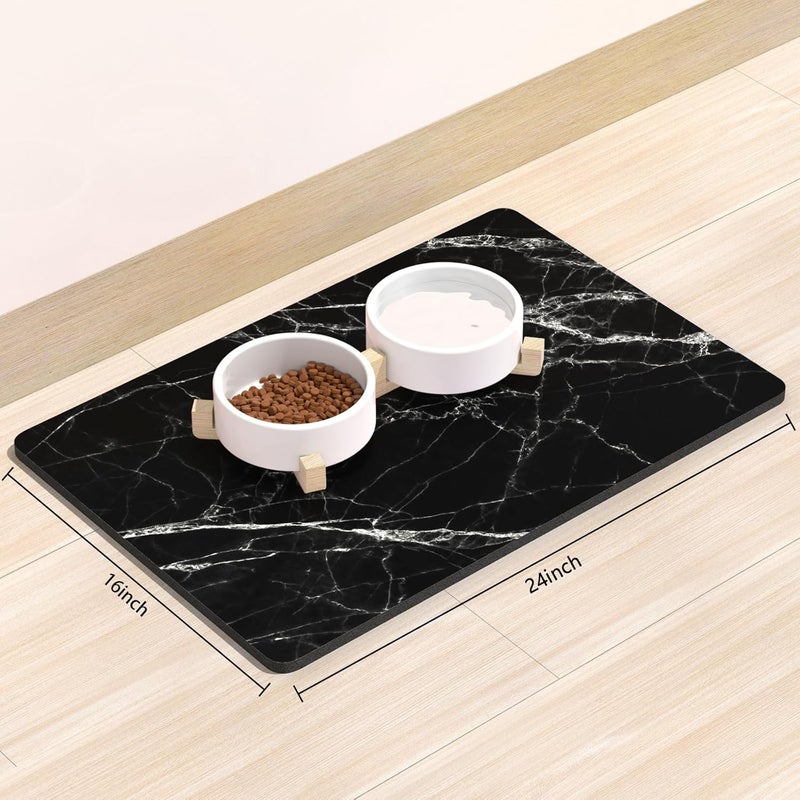 Rnivvi Dog Food Mat, 16" x 24" Marble Absorbent Dog Cat Bowl Mat for Food and Water, Cute Anti-Slip Rubber Pet Feeding Rug Protect Floors, Puppy Placemat for Feeding & Watering Supplies, Black - Image 2