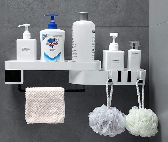 PLASTIC ADHESIVE WALL ROTATABLE BATHROOM SHAMPOO SHOWER HOLDER KITCHEN STORAGE ORGANIZER CORNER SHELF WHITEBLACK