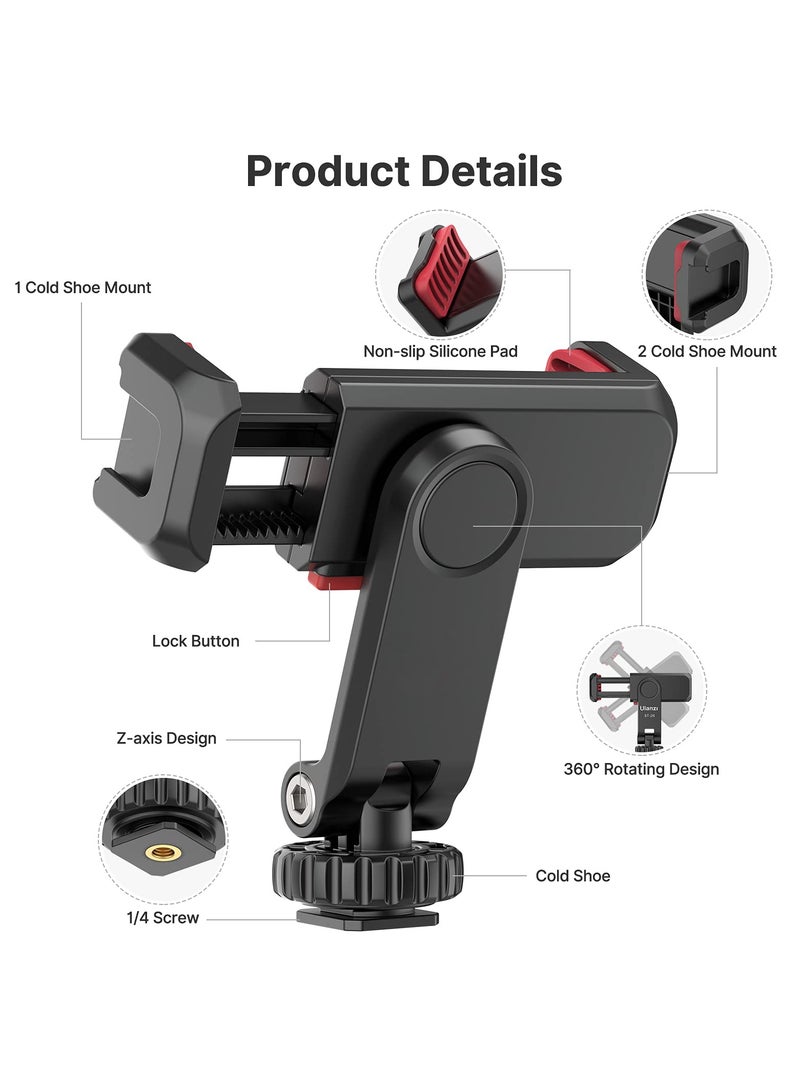 Phone Tripod Mount, Adjustable Clamp with 2 Cold Shoe Mounts, 360° Rotation, Compatible with Samsung Galaxy, iPhone, Sony, Canon, and Gimbals - Image 3