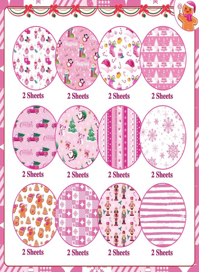 Konsait 24 Sheets Christmas Scrapbook Paper 12x12 Double Sided Pink Christmas Pattern Paper Xmas Decorative Papers Xmas Cardstock Pad Origami Papers for Card Making Scrapbook Supplies - Image 2