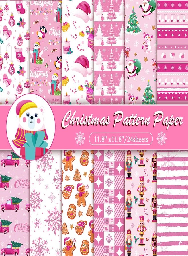 Konsait 24 Sheets Christmas Scrapbook Paper 12x12 Double Sided Pink Christmas Pattern Paper Xmas Decorative Papers Xmas Cardstock Pad Origami Papers for Card Making Scrapbook Supplies - Image 1