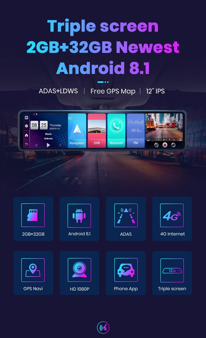AUSHA® Dash Camera for Car Front and Rear with 12 Inch Touch Mirror Screen, Android 8.1, WiFi, GPS, Bluetooth, G Sensor, Motion Detection Night Vision and 256gb Tf Card Support - Image 2