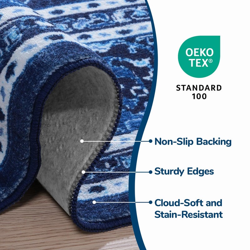 Lessymo 8 x 10 Area Rugs for Living Room- Machine Washable Area Rugs Boho Faux Wool Low Pile Area Rug for Bedroom Floral Medallion Vintage Rugs with Non-Slip Rubber, Kid & Pet Friendly, Blue White - Image 4
