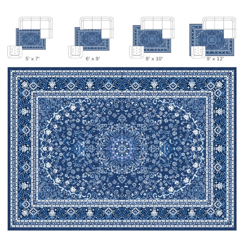 Lessymo 8 x 10 Area Rugs for Living Room- Machine Washable Area Rugs Boho Faux Wool Low Pile Area Rug for Bedroom Floral Medallion Vintage Rugs with Non-Slip Rubber, Kid & Pet Friendly, Blue White - Image 2