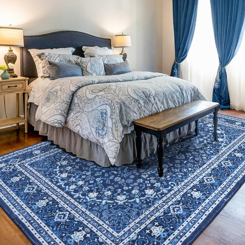 Lessymo 8 x 10 Area Rugs for Living Room- Machine Washable Area Rugs Boho Faux Wool Low Pile Area Rug for Bedroom Floral Medallion Vintage Rugs with Non-Slip Rubber, Kid & Pet Friendly, Blue White - Image 3
