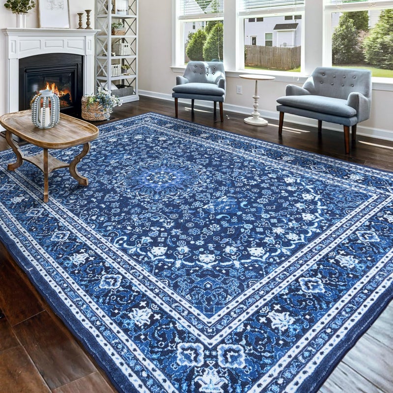 Lessymo 8 x 10 Area Rugs for Living Room- Machine Washable Area Rugs Boho Faux Wool Low Pile Area Rug for Bedroom Floral Medallion Vintage Rugs with Non-Slip Rubber, Kid & Pet Friendly, Blue White - Image 1
