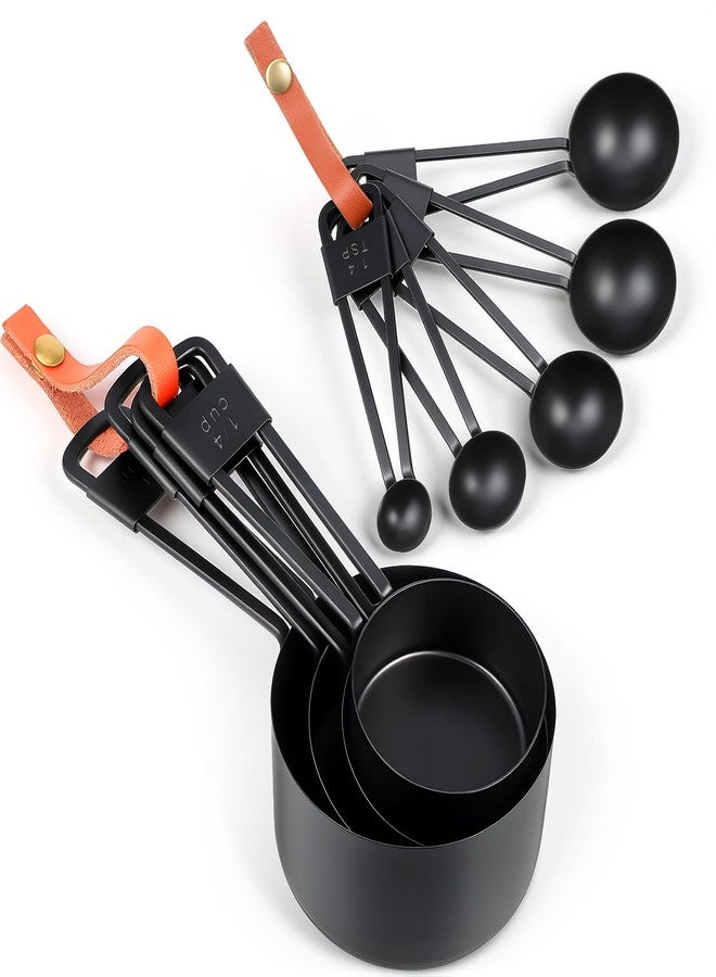 Xosjska 9 PCS Black Stainless Steel Measuring Cups and Spoons Set, Nesting Metal Measuring Cup with Ring Connector for Liquid and Dry Ingredients, Cooking and Baking (Black) - Image 1