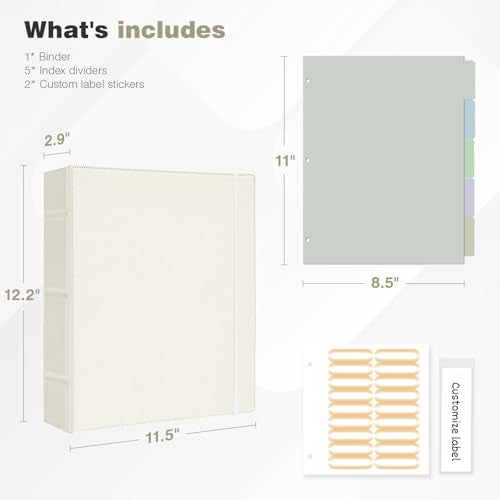 Ospelelf Vintage Hardcover 3 Ring 2 inch Leather Binder, Professional Binders Organizer Suitable for Letter Size Documents, Binder Dividers with Tabs, Beige - Image 3