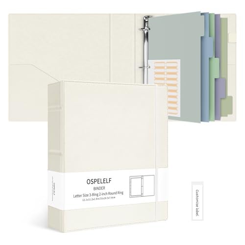 Ospelelf Vintage Hardcover 3 Ring 2 inch Leather Binder, Professional Binders Organizer Suitable for Letter Size Documents, Binder Dividers with Tabs, Beige - Image 1