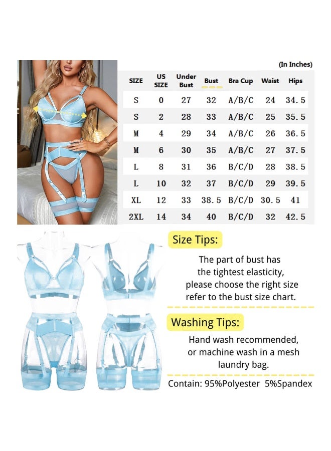 Women Lingerie Sets with Garter Belt 4 Pieces Lace Teddy Babydoll Bodysuit MG06 - Image 3