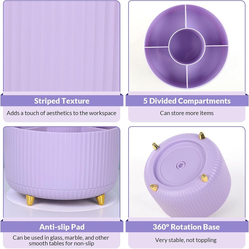 SKYDUE 360 Degree Rotating Desk Organizer, Minimalist Purple Pen Holder with 5 Slots, Office Supplies Organizer - Image 3
