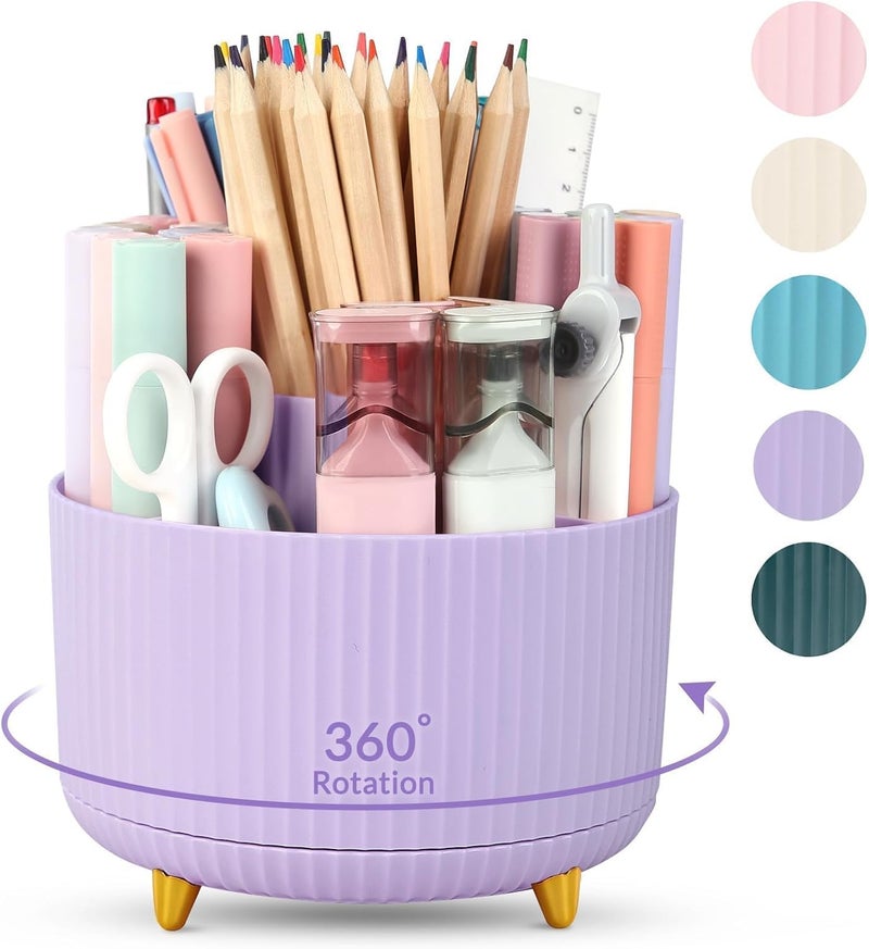 SKYDUE 360 Degree Rotating Desk Organizer, Minimalist Purple Pen Holder with 5 Slots, Office Supplies Organizer - Image 1