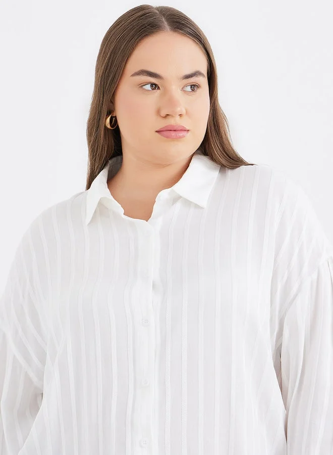 Styli Plus Longline Shirt with Textured Striped