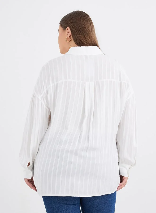 Styli Plus Longline Shirt with Textured Striped