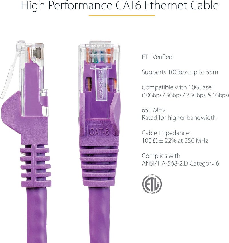 ستار تك كابل إيثرنت .com من نوع CAT6 بطول 1 متر - بنفسجي، سرعة نقل بيانات 1 جيجابت، تردد 650 ميغاهرتز، قدرة تزويد طاقة 100 واط عبر تقنية PoE++، موصل RJ45 من نوع UTP، مزود بحماية ضد الخيوط المتشابكة، مصمم لتجنب التلف، مختبر من قبل شركة Fluke، ومعتمد وفقًا لمعايير UL/TIA (N6PATC1MPL). - Image 2