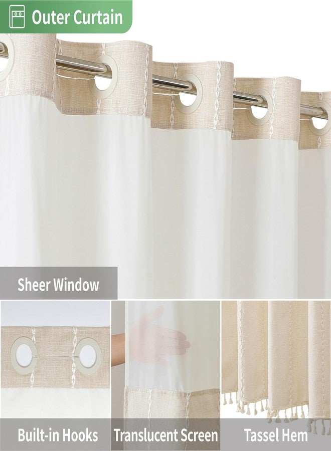 eachope Boho Farmhouse No Hook Shower Curtain Set with Snap-in Fabric Liner,Heavy-Duty Linen Textured Rustic Striped Design,Water-Repellent with Tassels and Sheer Window,Cream/Beige,71x74 - Image 4