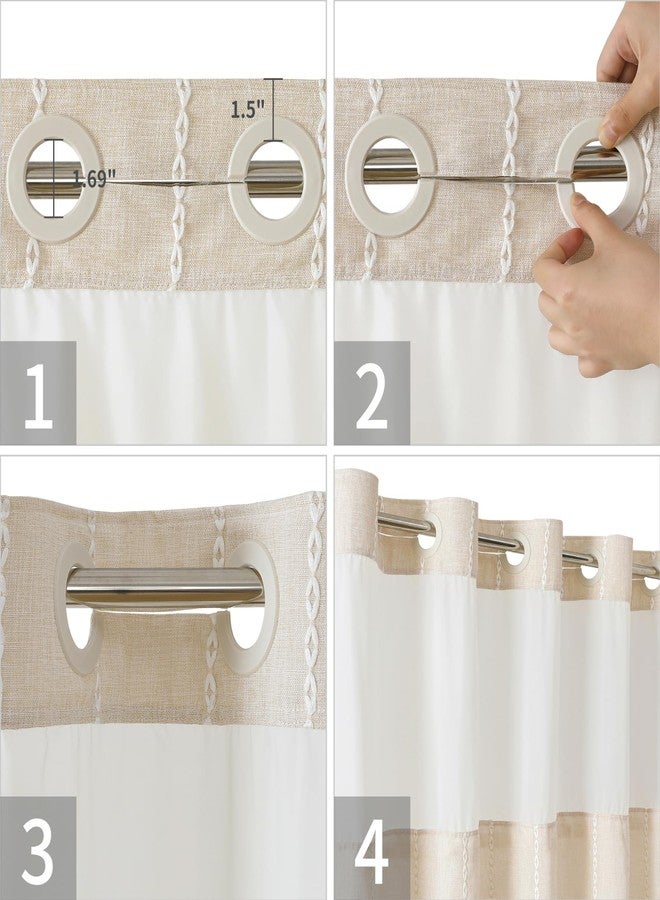 eachope Boho Farmhouse No Hook Shower Curtain Set with Snap-in Fabric Liner,Heavy-Duty Linen Textured Rustic Striped Design,Water-Repellent with Tassels and Sheer Window,Cream/Beige,71x74 - Image 5