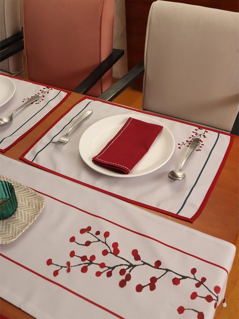 Zeba Floral Embroidered Placemat/Tablemats and Dinner Napkins Set | Cotton - Red and White| Set of 6 Mats 13x18 in & Set of 6 Dining Napkins 16x16in | (33x45 cms, 40x40 cms) - Image 2