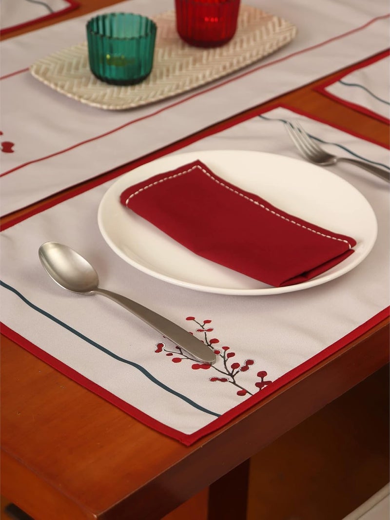 Zeba Floral Embroidered Placemat/Tablemats and Dinner Napkins Set | Cotton - Red and White| Set of 6 Mats 13x18 in & Set of 6 Dining Napkins 16x16in | (33x45 cms, 40x40 cms) - Image 3