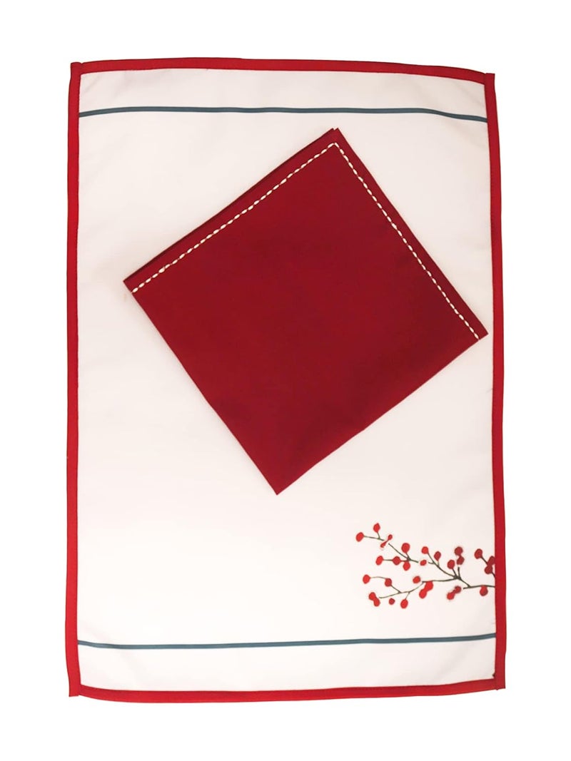 Zeba Floral Embroidered Placemat/Tablemats and Dinner Napkins Set | Cotton - Red and White| Set of 6 Mats 13x18 in & Set of 6 Dining Napkins 16x16in | (33x45 cms, 40x40 cms) - Image 4
