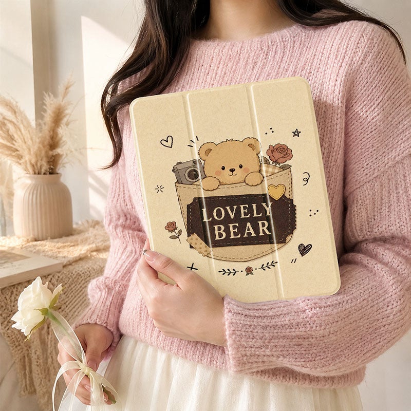 Tablet Case for iPad, Lovely Bear Coffee Doodle Collage, iPad Case for Mini Air Pro 4 5 6 7 8 9 10 11 12, Suitable for 7.9 8.3 9.7 10.2 10.5 10.9 11 12.9 13 inch Clear Shockproof Protective with Stand - Image 1