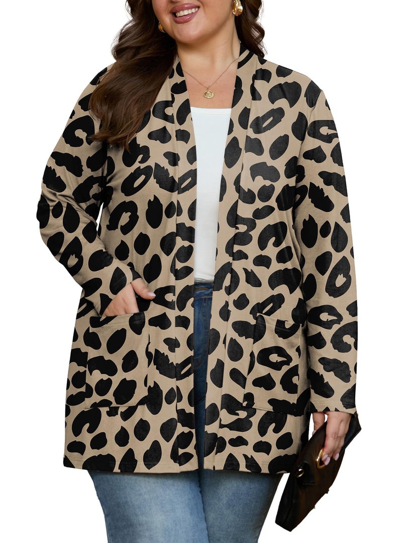 OLRIK Plus Size Cardigan For Women Long Sleeve Lightweight Jacket Open Front Cover Ups FP-LD Khaki-3X - Image 2