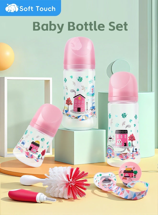 Soft Touch 6 Pcs Baby Feeding Bottle Set, Newborn Gift Set with 3 Feeding Bottles(150/240/330 ml), Bottle Cleaning Brush Pacifier Clip and Pacifier, BPA Free, Baby Bottle Starter Kit for 0+ months Baby (Pink) - Image 3