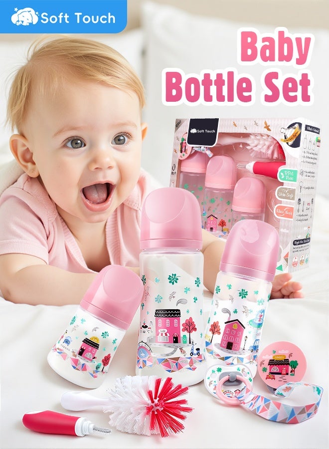 Soft Touch 6 Pcs Baby Feeding Bottle Set, Newborn Gift Set with 3 Feeding Bottles(150/240/330 ml), Bottle Cleaning Brush Pacifier Clip and Pacifier, BPA Free, Baby Bottle Starter Kit for 0+ months Baby (Pink) - Image 1
