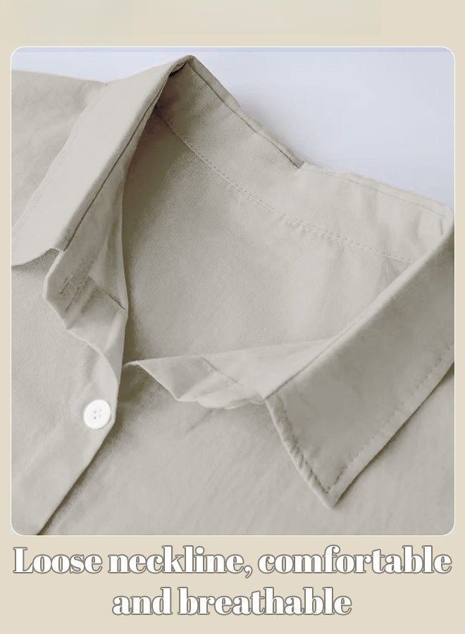 Ladies 2 Piece Set New Trend Fashion Classic Solid Color Cotton Linen Shirt Suit Summer Spring Plus Size Clothes for Women Breathable and Cool Long-Sleeve Lapel Shirt Loose Pants - Image 2