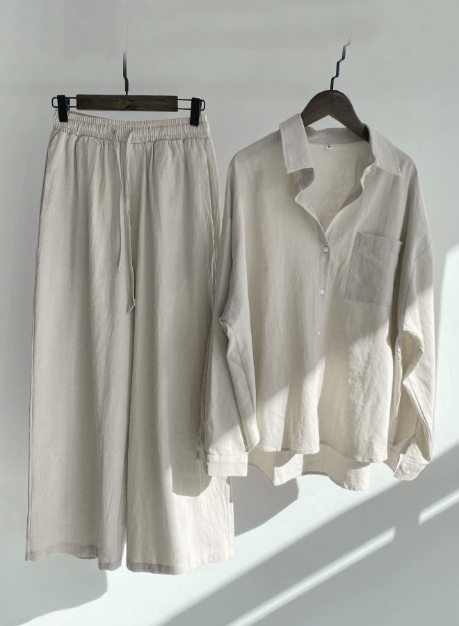 Ladies 2 Piece Set New Trend Fashion Classic Solid Color Cotton Linen Shirt Suit Summer Spring Plus Size Clothes for Women Breathable and Cool Long-Sleeve Lapel Shirt Loose Pants - Image 1