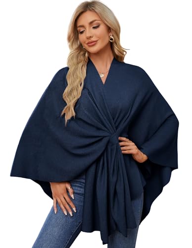 PULI Women's Elegant Shawl Wraps Soft Open Front Poncho Sweater for Spring Fall Winter Dark Slate Blue - Image 1