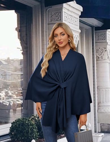 PULI Women's Elegant Shawl Wraps Soft Open Front Poncho Sweater for Spring Fall Winter Dark Slate Blue - Image 2